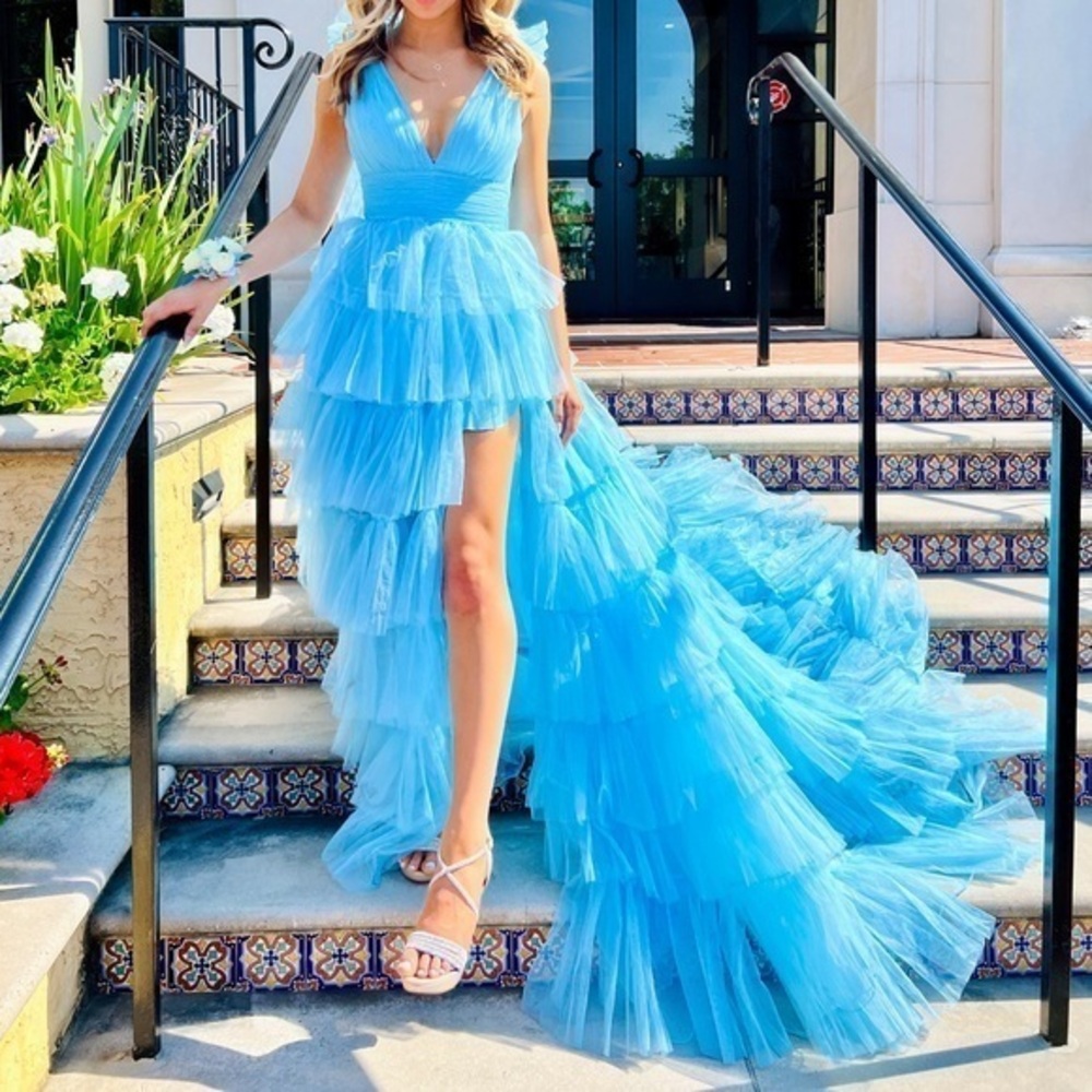 SHERRI HILL 00 56066 Tulle Tiered Prom Aqua Blue Dress WORN ONCE